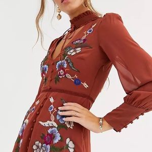 Hope & Ivy embroidered midi dress in burnt orange